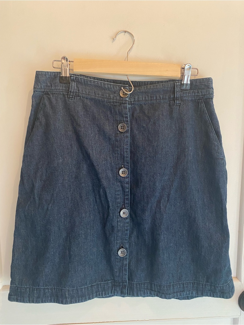 Denim Button-Front A-Line Skirt - Dark Blue